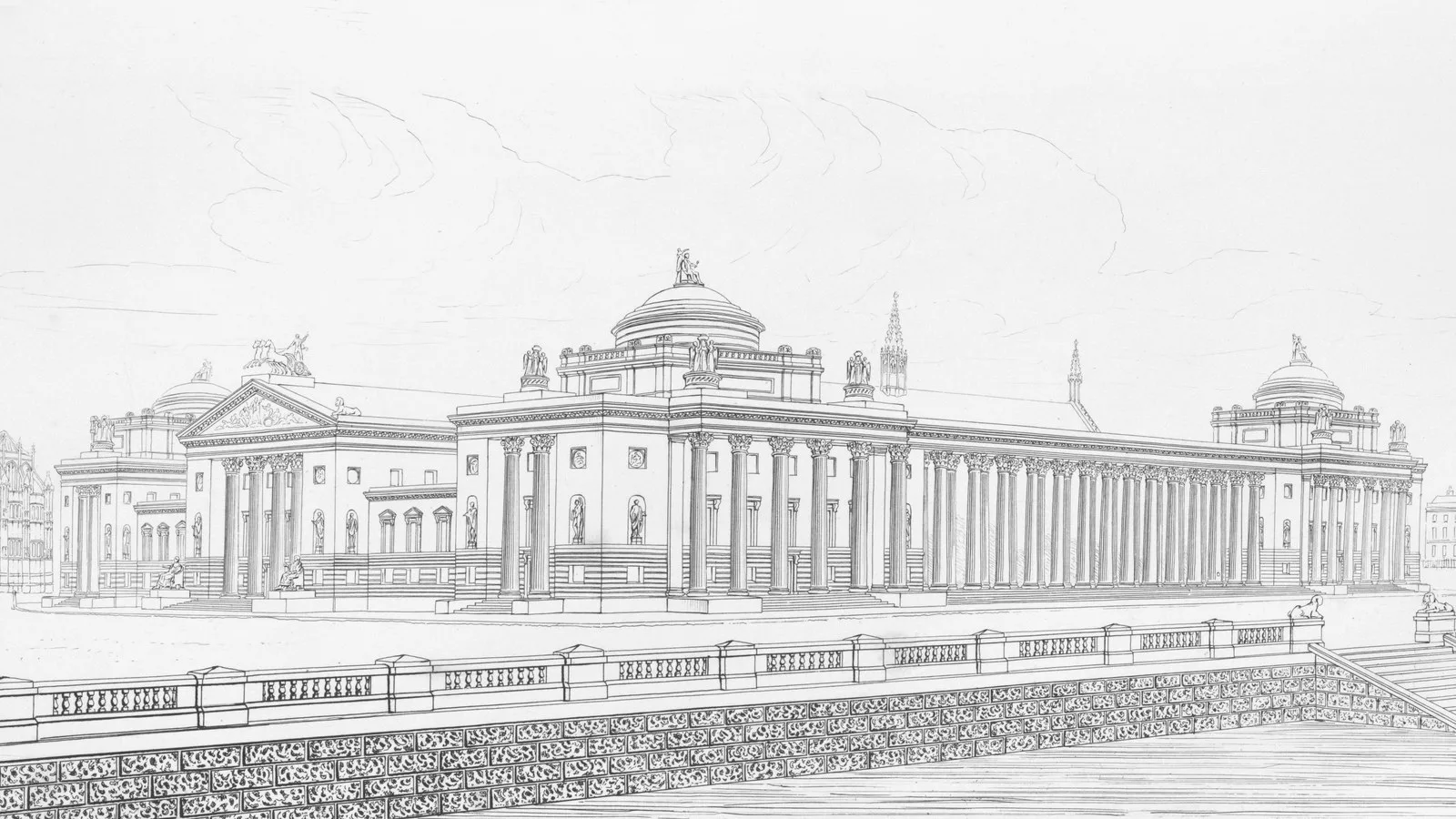 A pencil drawing of a colonnaded building