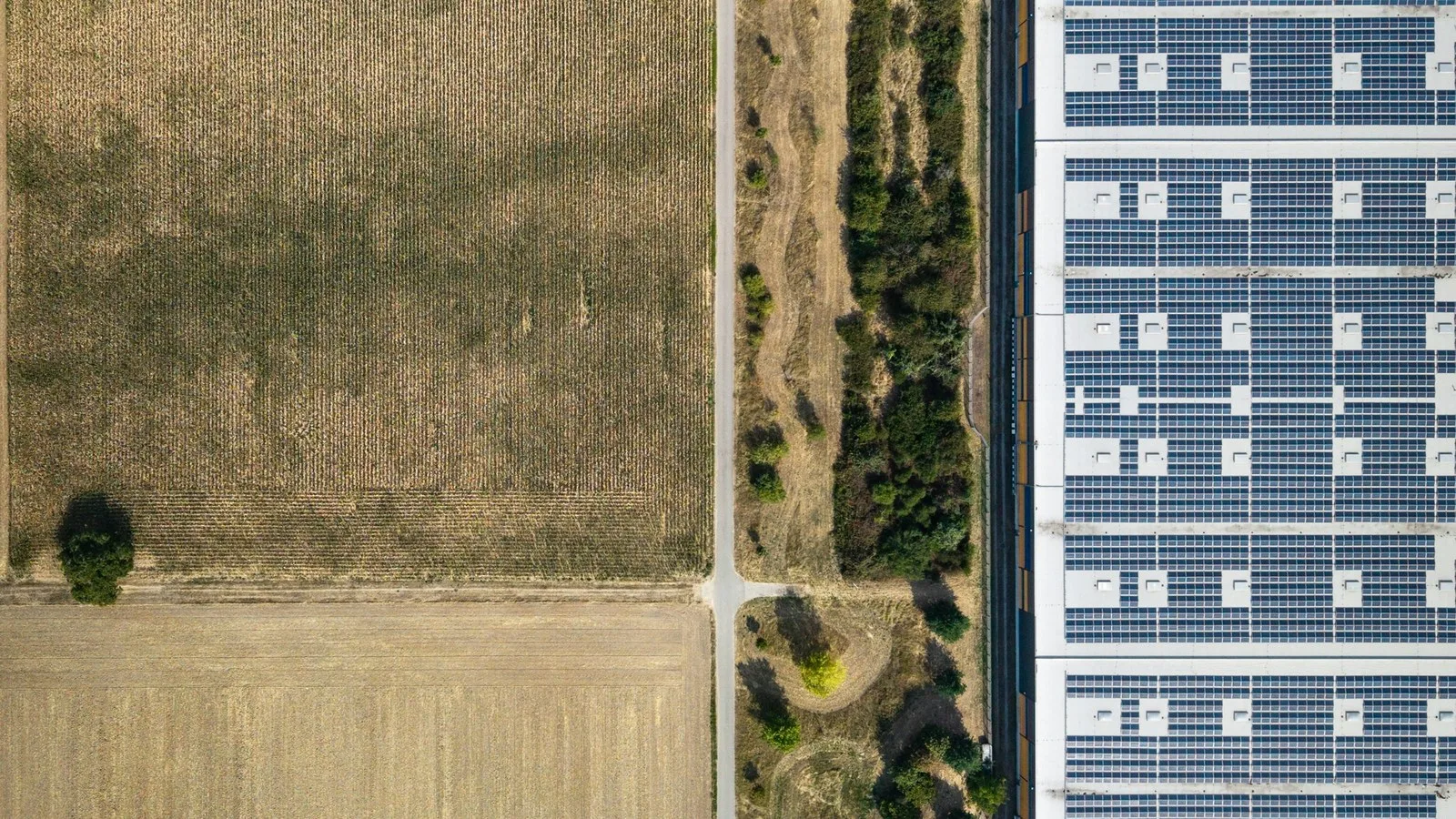 Aerial view of rows of solar panels on a large roof beside farm fields and a narrow road